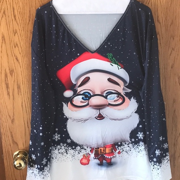 Christmas Casual Women’s Top. Everyday Easy Care Dark Blue background Santa - Picture 2 of 4